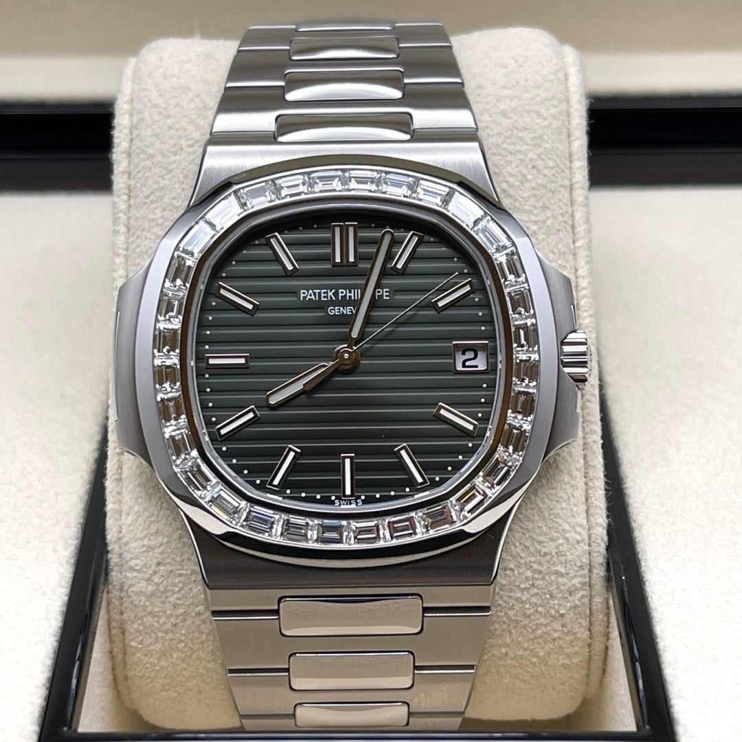 Patek Philippe Nautilus Steel Olive Green Dial Baguette Diamond Bezel 5711/1300A