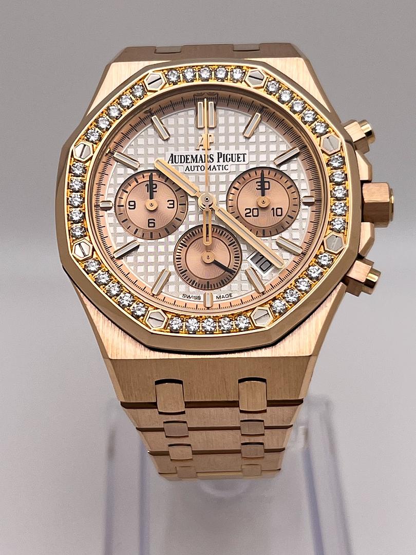 Audemars Piguet Royal Oak Chronograph Rose Gold Silver Dial Diamond Bezel 26315OR.ZZ.1256OR.01