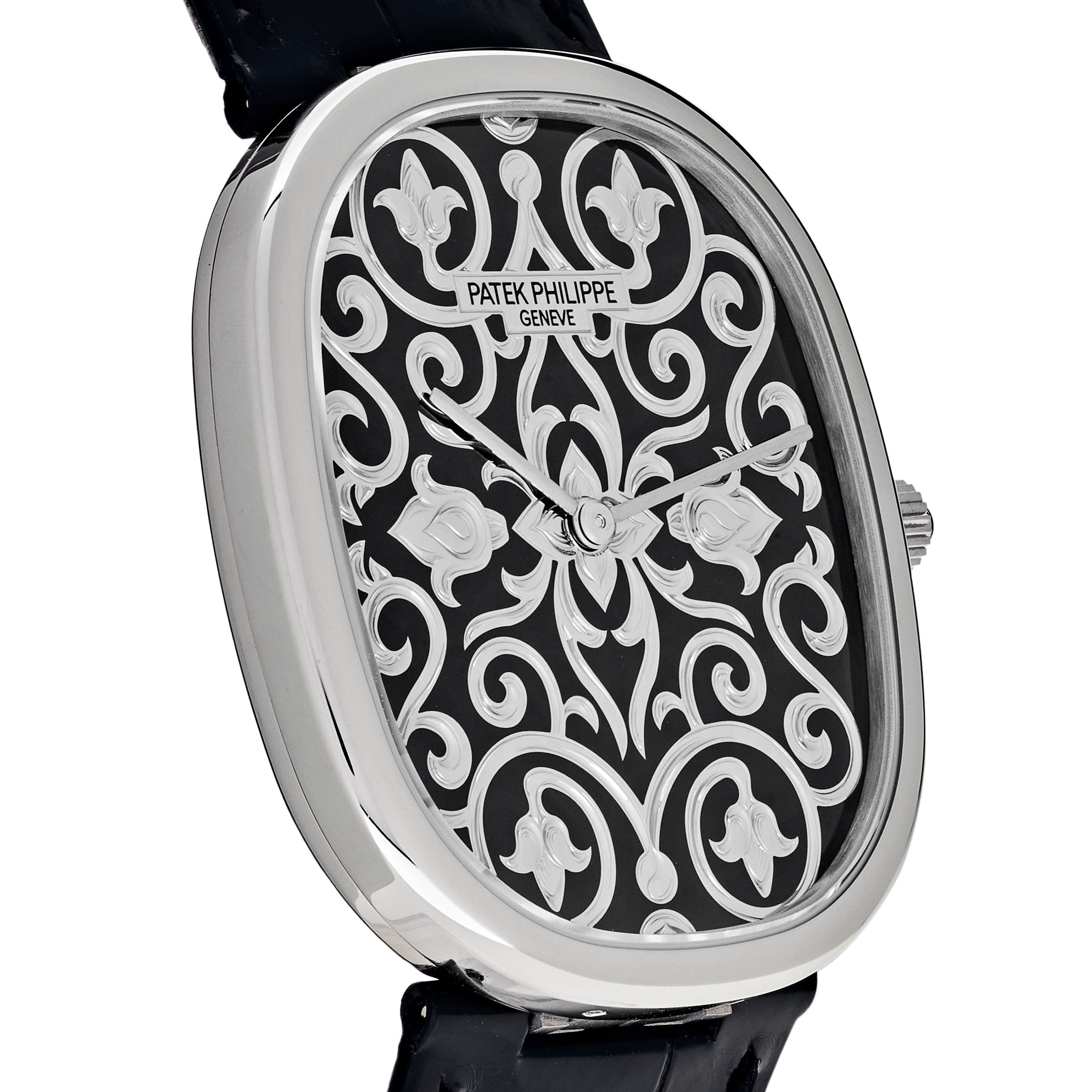 Patek Philippe Golden Ellipse White Gold Black Enamel Engraved Dial 5738/51G-001