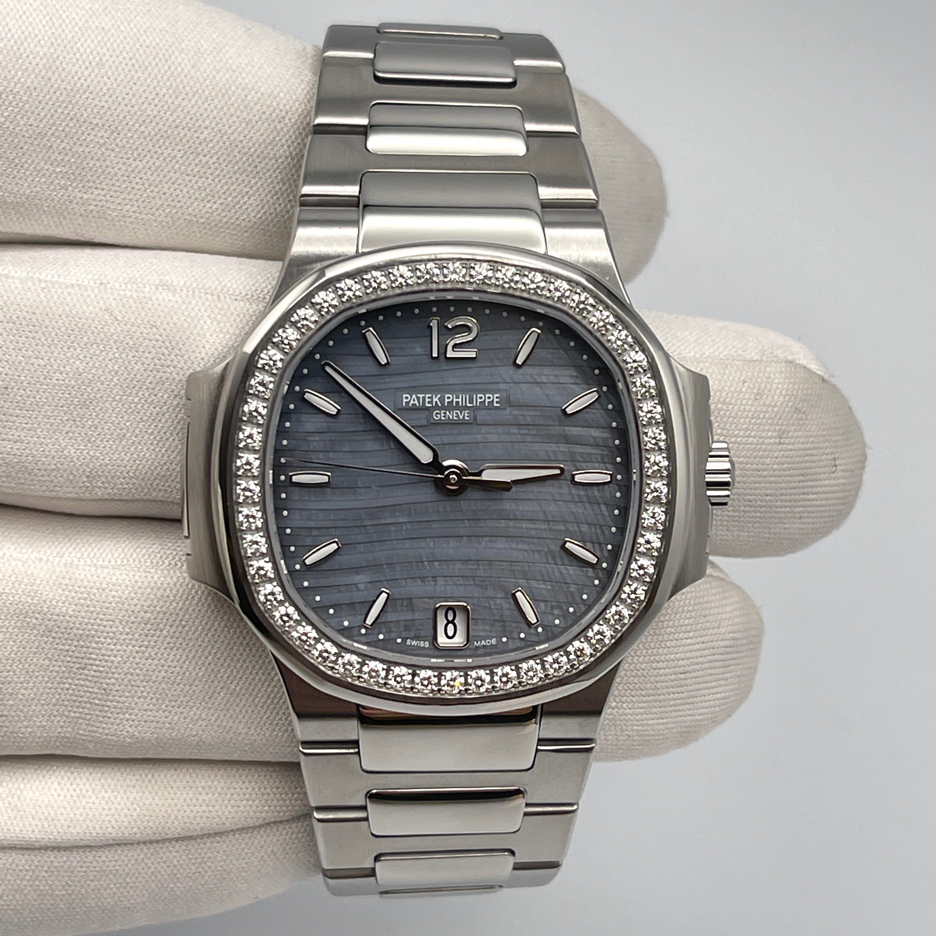 Patek Philippe Ladies' Nautilus Steel Blue Tinted Mother of Pearl Dial Diamond Bezel 7018/1A-010