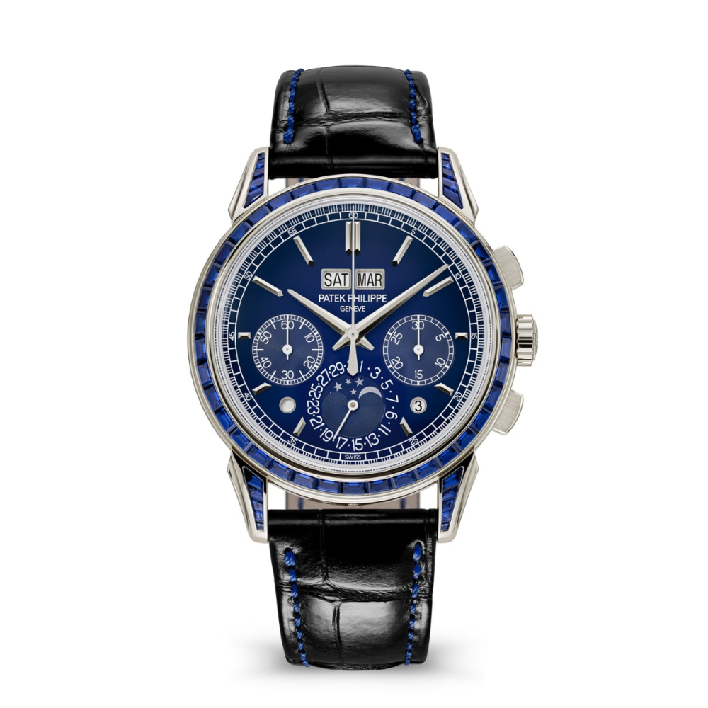 Patek Philippe Grand Complications Perpetual Calendar Chronograph Platinum Baguette Blue Sapphires 5271/11P-010