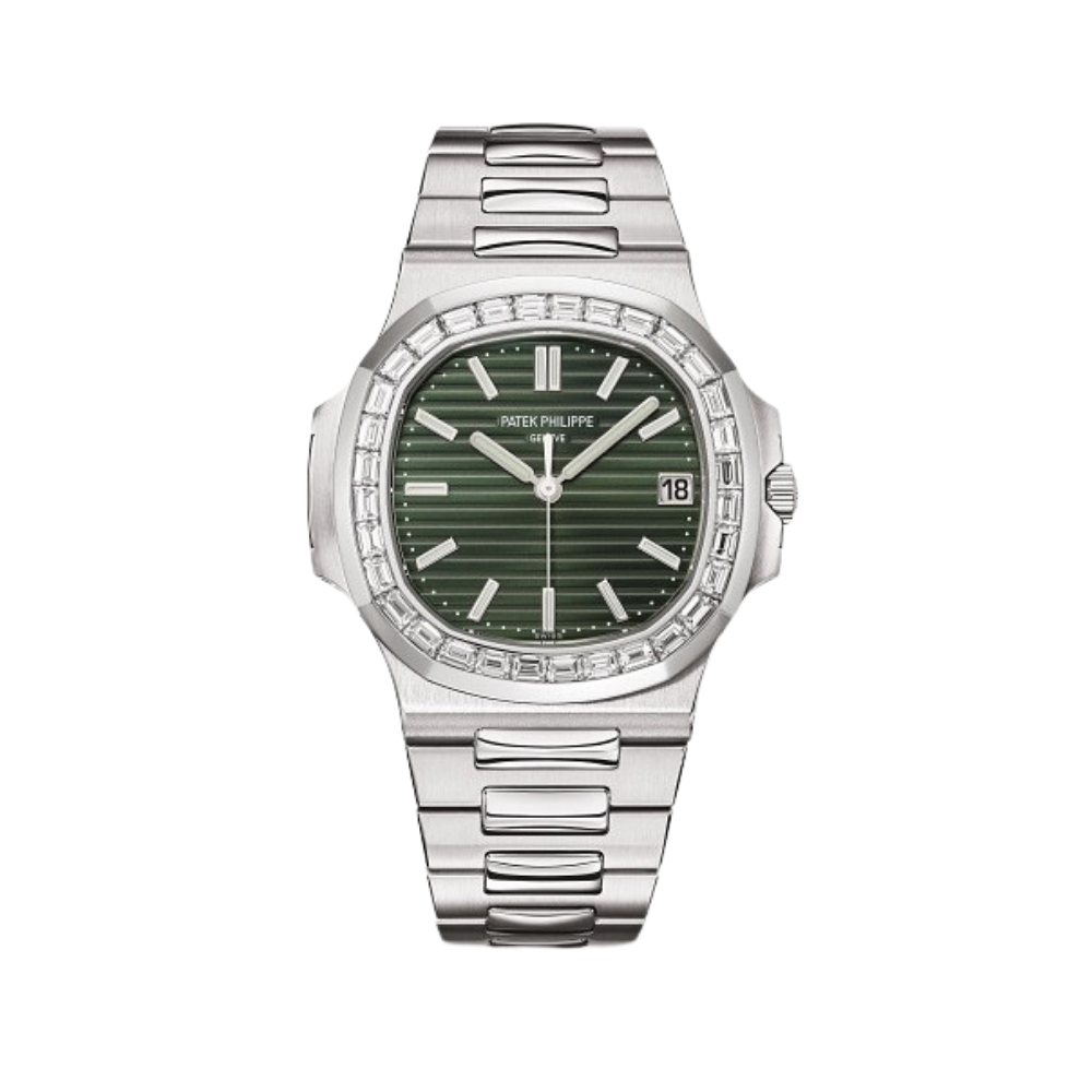 Patek Philippe Nautilus Steel Olive Green Dial Baguette Diamond Bezel 5711/1300A