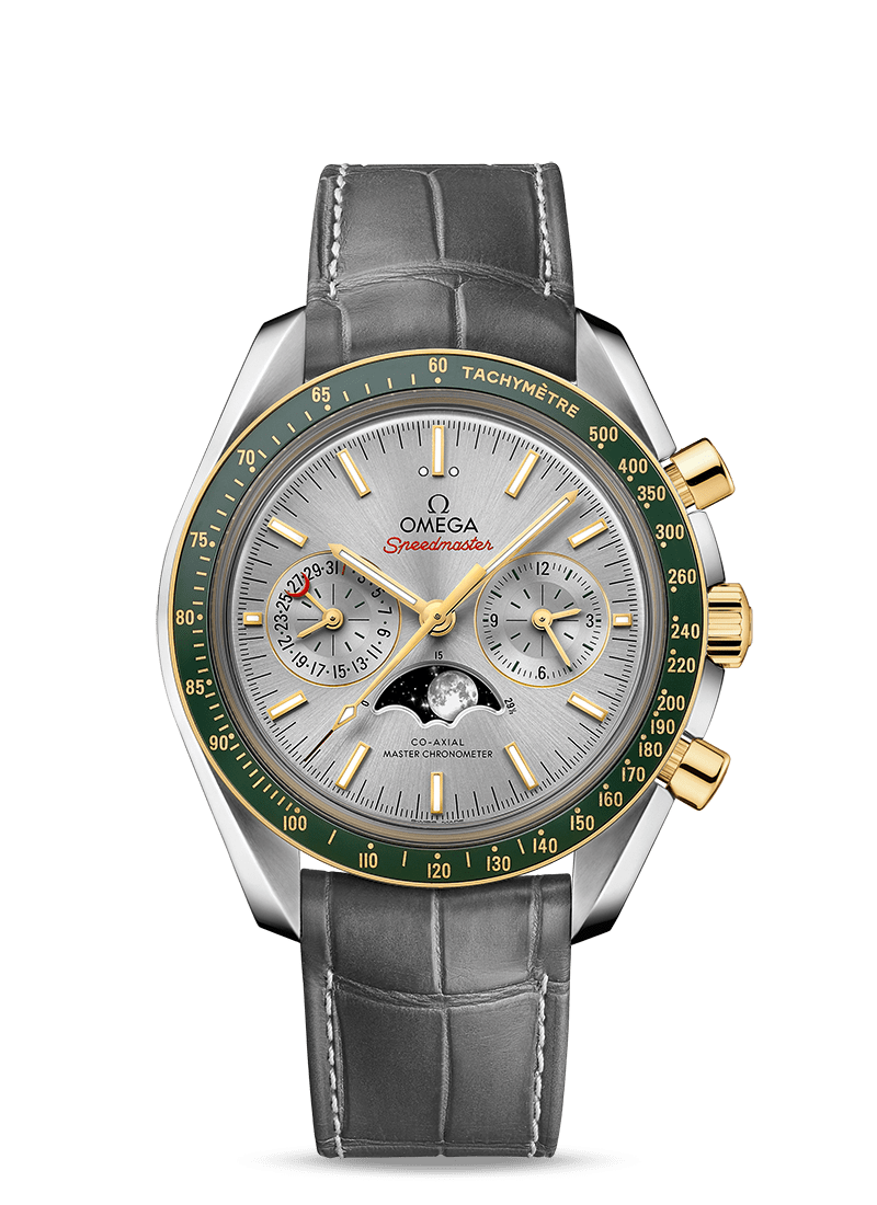 MOONPHASE COAXIAL MASTER CHRONOMETER MOONPHASE CHRONOGRAPH 44.25 MM 304.23.44.52.06.001 FAVOURITES COMPARE Steel  yellow gold on Leather strap