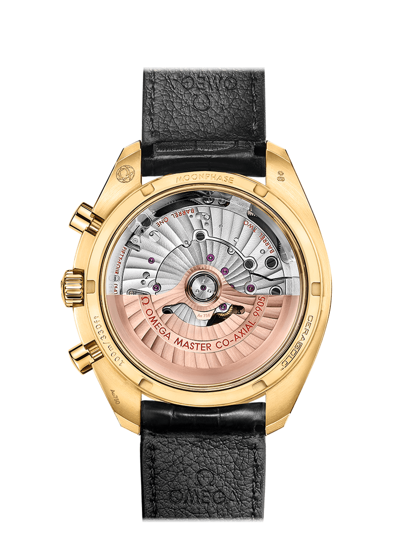 MOONPHASE COAXIAL MASTER CHRONOMETER MOONPHASE CHRONOGRAPH 44.25 MM 304.63.44.52.02.001 FAVOURITES COMPARE Yellow gold on Leather strap