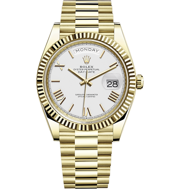 Rolex Day-Date 40 Presidential White dial, Fluted Bezel, President bracelet, Yellow gold Watch