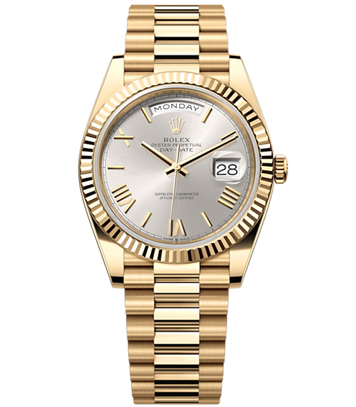 Rolex Day-Date 40 Presidential Silver dial, Fluted Bezel, President bracelet, Yellow gold Watch