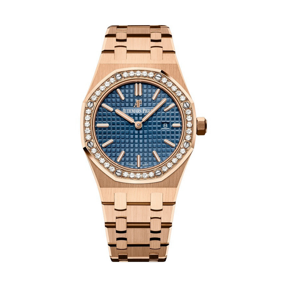 Audemars Piguet Royal Oak Quartz Rose Gold Blue Dial Diamond Bezel 67651OR.ZZ.1261OR.02