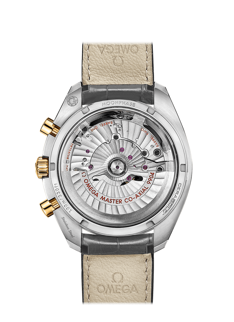 MOONPHASE COAXIAL MASTER CHRONOMETER MOONPHASE CHRONOGRAPH 44.25 MM 304.23.44.52.06.001 FAVOURITES COMPARE Steel  yellow gold on Leather strap