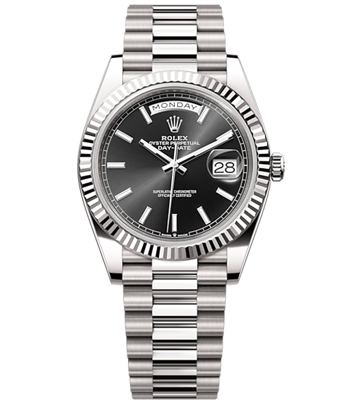 Rolex Day-Date 40 Presidential Black dial, Fluted Bezel, President bracelet, White gold Watch