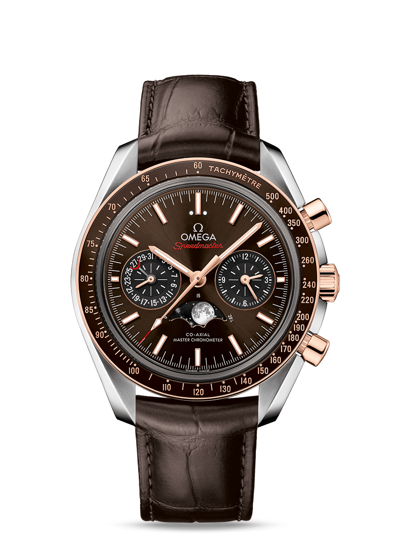 MOONPHASE COAXIAL MASTER CHRONOMETER MOONPHASE CHRONOGRAPH 44.25 MM 304.23.44.52.13.001 FAVOURITES COMPARE Steel  Sedna Gold on Leather strap